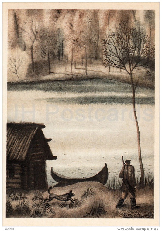 illustration by K. Sokolov - hunter - 1 - In the Land of Unfrightened Birds by M. Prishvin - 1979 - Russia USSR - unused - JH Postcards