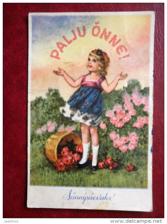 Birthday Greeting Card - girl - flowers - WO 905 - 1920s-1930s - Estonia - used - JH Postcards