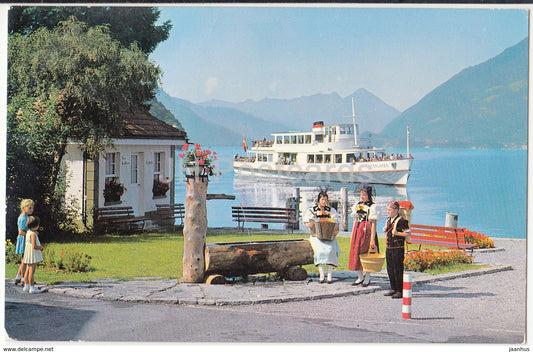Iseltwald am Brienzersee - Berner Trachten und M. S. Interlaken - ship - folk costumes  8725 - Switzerland - 1971 - used - JH Postcards