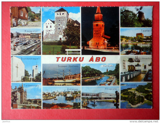 church - windmill - port - seagull - Mare Balticum  - Turku - Finland - sent from Finland Turku to Estonia USSR 1974 - JH Postcards
