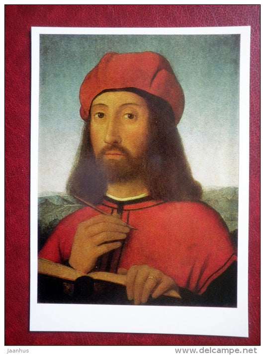 painting by Antonello de Saliba ? , Portrait of a Man - italian art - unused - JH Postcards