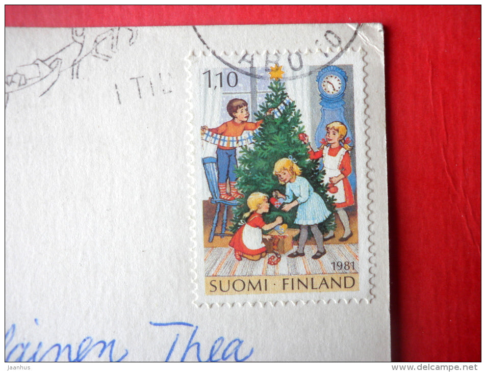 Christmas Greeting Card - dwarf - gifts - bullfinch - Finland - sent from Finland to Estonia USSR 1981 - JH Postcards