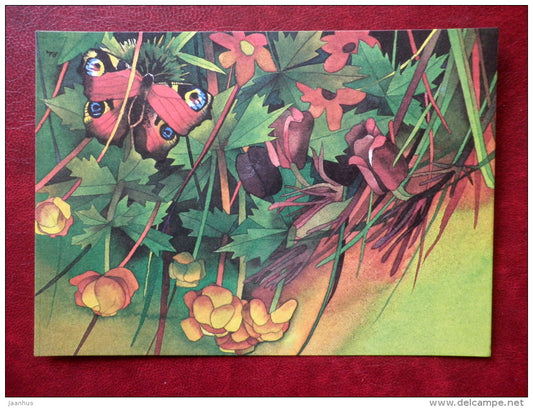Greeting card - by R. Lukk - butterfly - globe-flower - flowers - 1985 - Estonia USSR - used - JH Postcards