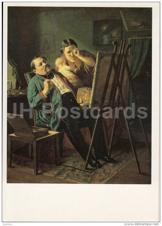 painting by V. Perov - Amateur , 1862 - artist - woman with child - Russian art - 1989 - Russia USSR - unused - JH Postcards