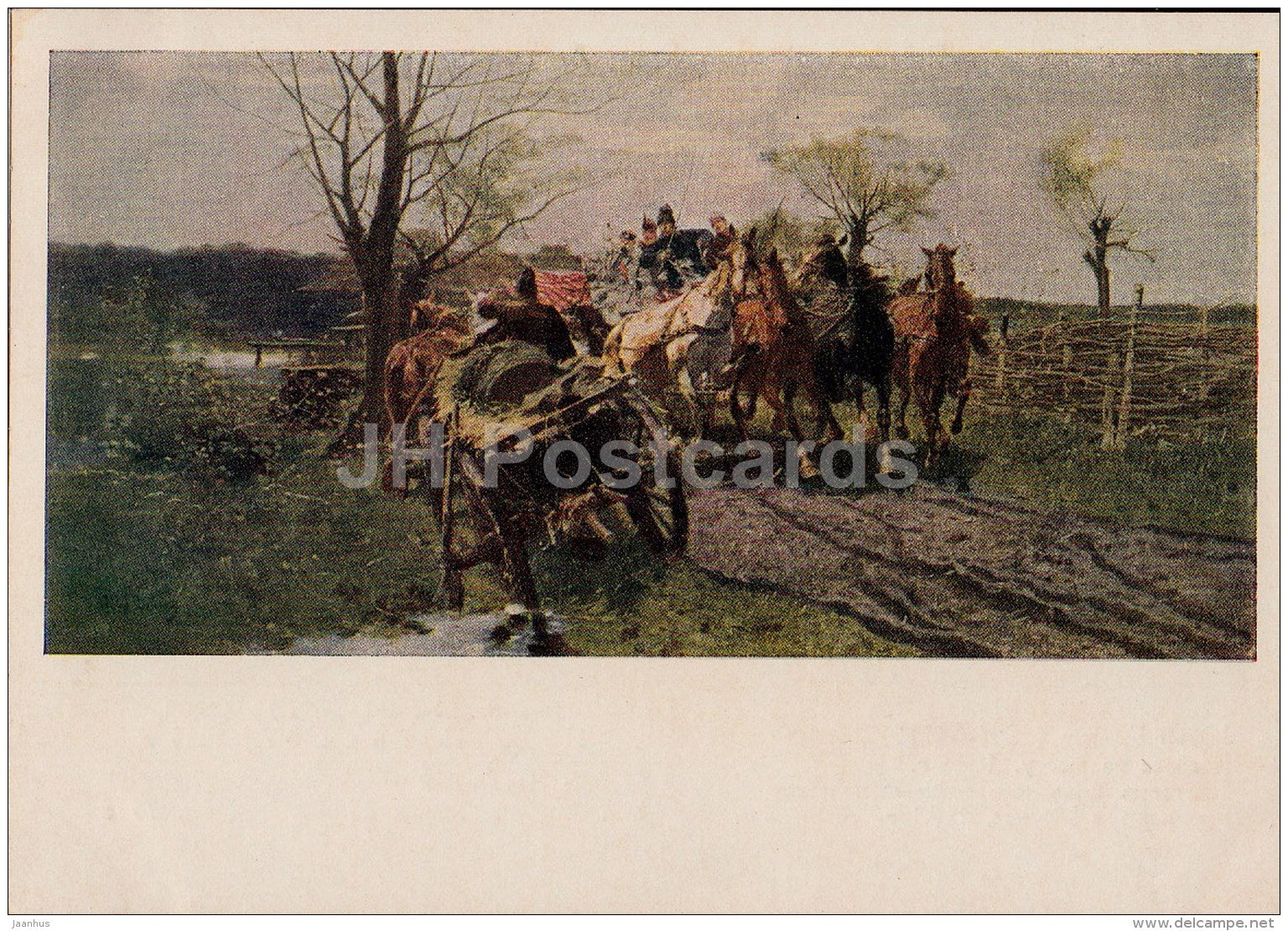 Painting by Jozef Brandt - Meeting on bridge , 1888 - horse carriage - Polish art - 1953 - Russia USSR - unused - JH Postcards