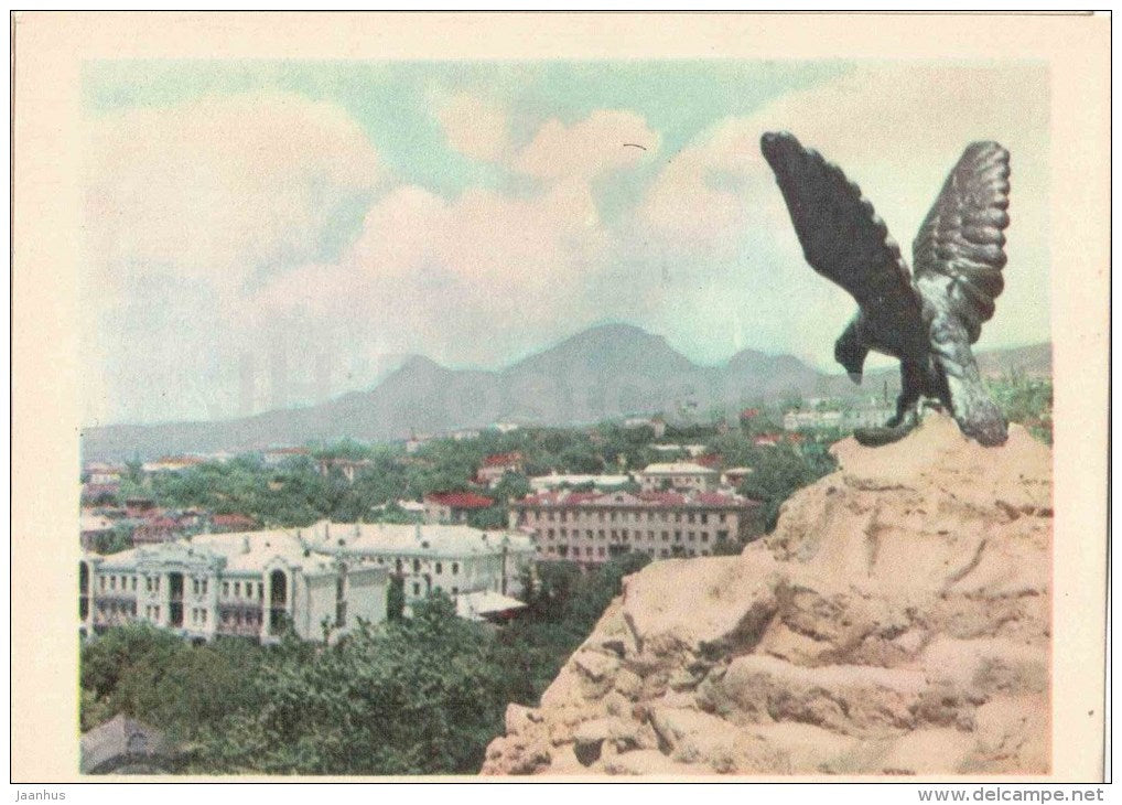 town view - eagle sculpture - Pyatigorsk - 1964 - Russia USSR - unused - JH Postcards