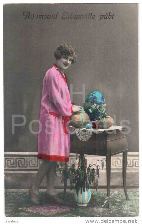 easter greeting card - woman - eggs - EAS 7391/2 - circulated in Estonia 1927 Tallinn - JH Postcards