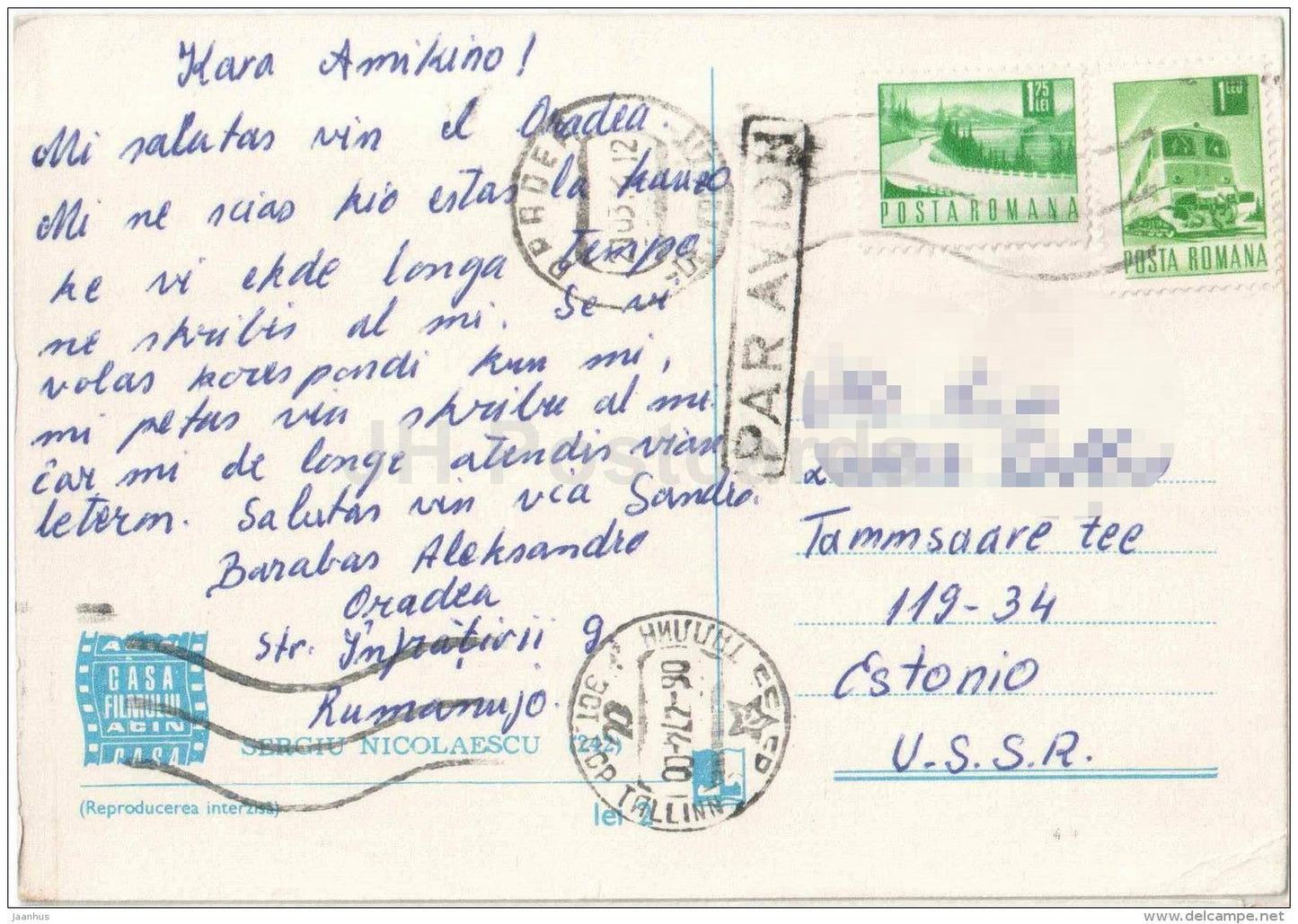romanian film director Sergiu Nicolaescu - movie - Romania - sent from Romania to Estonia Tallinn - JH Postcards