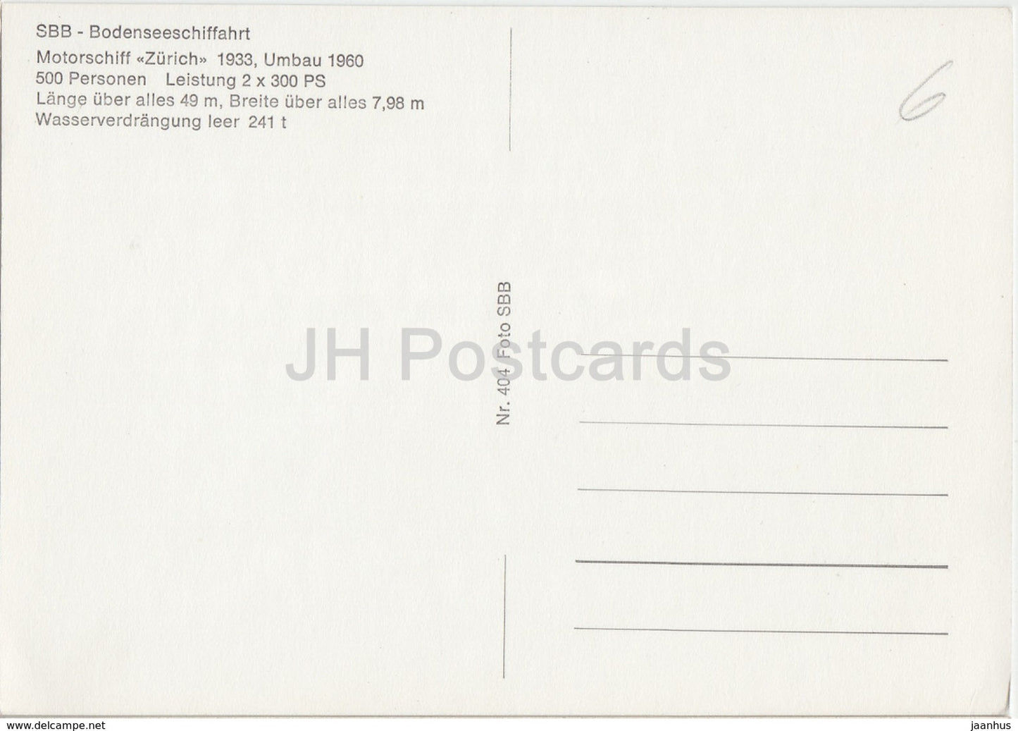 SBB Bodenseeschiffahrt - MS Zurich - passenger ship - 404 - Switzerland - unused