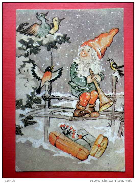 Christmas Greeting Card - dwarf - gifts - bullfinch - Finland - sent from Finland to Estonia USSR 1981 - JH Postcards