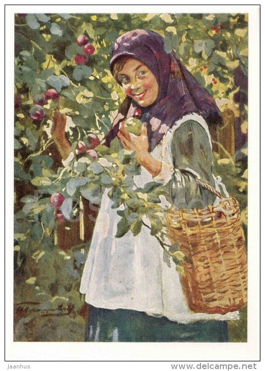 painting by I. Goryushkin-Sorokopudov  - Girl with Apples , 1920 - russian art - unused - JH Postcards