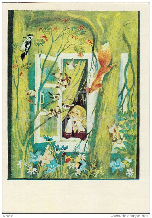 illustration - girl - squirrel - Don´t Cry Mushroom by D. Mrazkova - fairy tale  - 1979 - Russia USSR - unused - JH Postcards