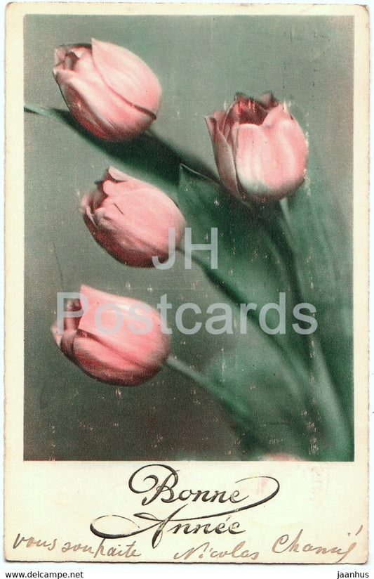 Birthday Greeting Card - Bonne Annee - flowers - pink tulips - 207 - illustration - old postcard - 1939 - France - used - JH Postcards