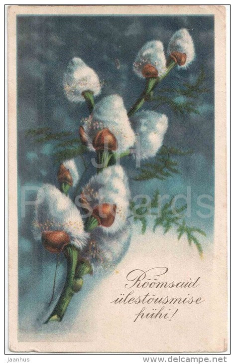 easter greeting card - catkins - circulated in Estonia 1930s - JH Postcards