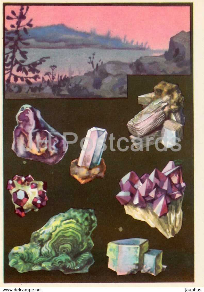 minerals - topaz - amethyst - malachite - Ilmen Nature Reserve - 1975 - Russia USSR - unused - JH Postcards