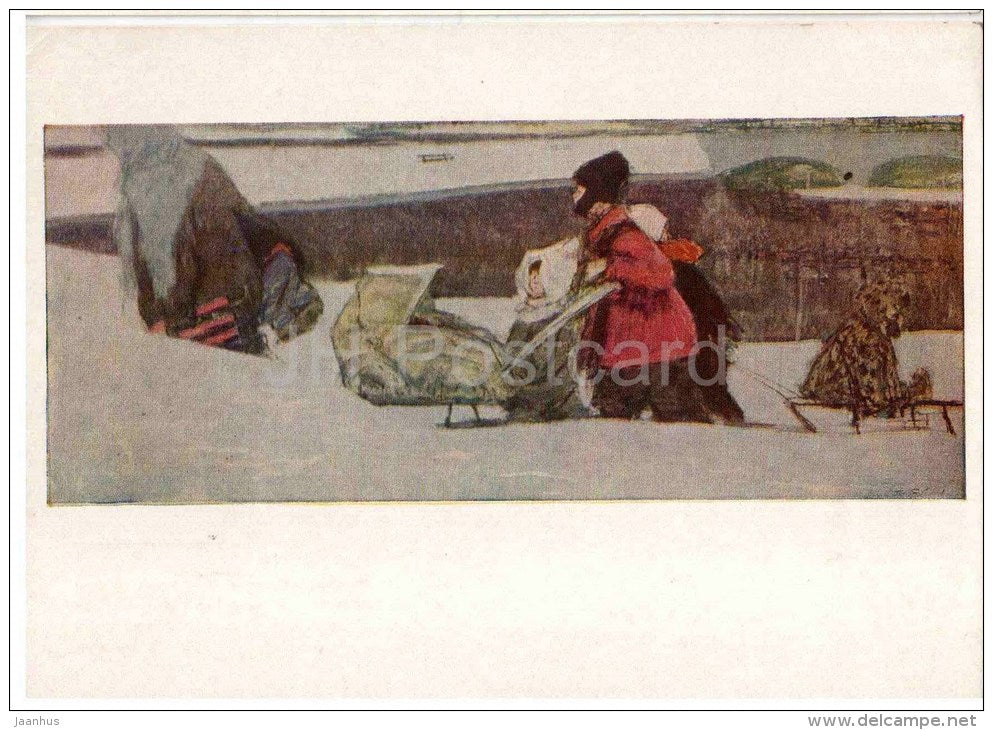 painting by E. Gribov - Walk Up - children - sledge - russian art - unused - JH Postcards