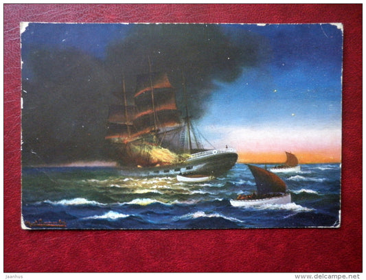 Brennendes Schiff - ship in fire - boat - T.S.N. Serie 1668 - Germany - unused - JH Postcards