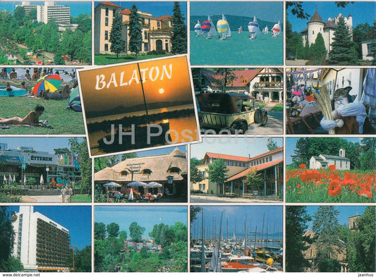 Balaton - sailing boat - water skiing - hotel - multiview - 1998 - Hungary - used - JH Postcards