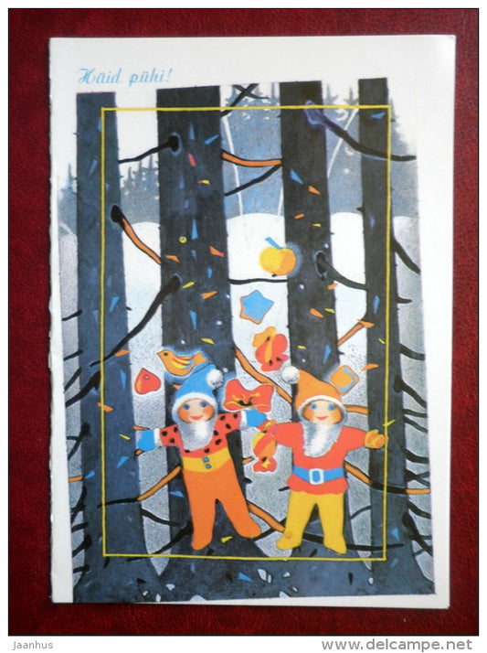New Year Greeting card - illustration by Sirje Eelma - elves - forest - 1989 - Estonia USSR - used - JH Postcards
