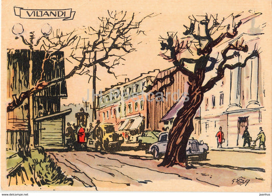 view - car - Viljandi - Illustration by O. Soans - 1960 - Estonia USSR - unused - JH Postcards