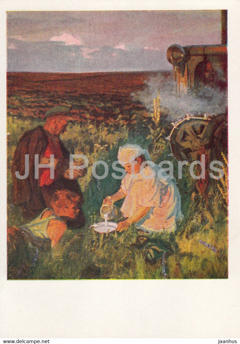 painting by A. Plastov - Dinner of tractor drivers - Russian art - 1965 - Russia USSR - unused - JH Postcards