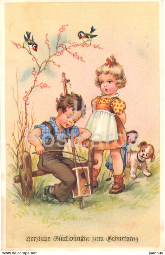 Birthday Greeting Card - Herzliche Gluckwunsche zum Geburtstag - boy - girl - dog - old postcard - Germany - used - JH Postcards