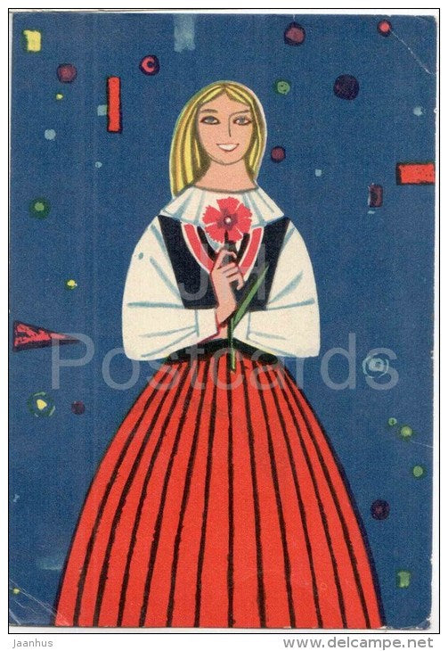New Year Greeting card - by V. Pirk - young woman in folk costumes - 1966 - Estonia USSR - used - JH Postcards