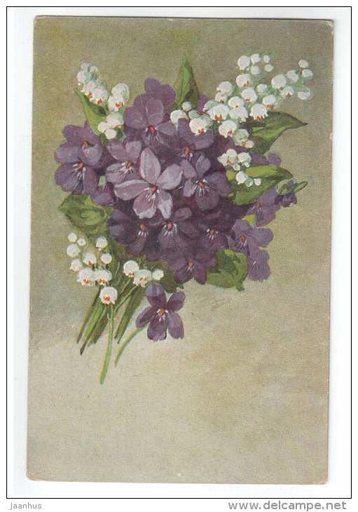 Birthday Greeting Card - flowers - lily of the valley - old postcard - circulated in Estonia 1923 - used - JH Postcards
