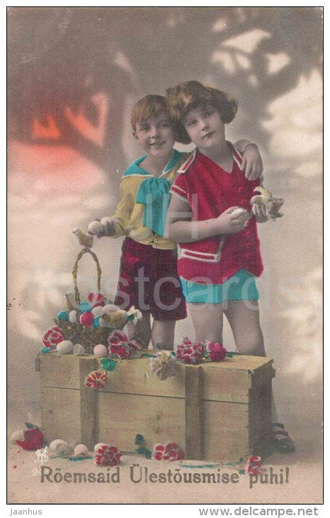 easter greeting card - children - eggs - YAS 908 - circulated in Estonia 1920s - JH Postcards