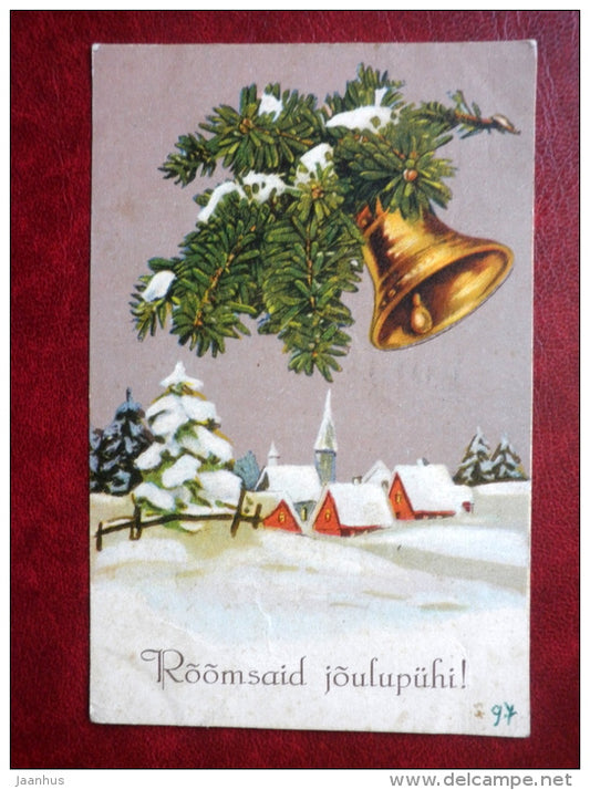 Christmas Greeting Card - christmas bell - village - church - circulated in 1932 - Estonia - used - JH Postcards