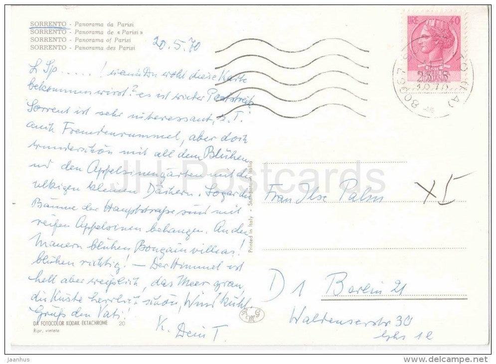 Panorama da Parisi - Panorama of Parisi - Sorrento - Italia - Italy - sent from Italy Sorrento to Germany Berlin 1970 - JH Postcards