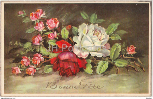 Birthday Greeting Card - Bonne et Heureuse Fete - flowers - roses - illustration - old postcard - 1957 - Belgium - used - JH Postcards