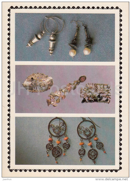 earrings - brooch - pendant - Modern art of Russian Jewelers - 1985 - Russia USSR - unused - JH Postcards