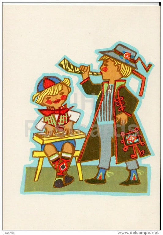 illustration by M. Fuks - boys - Estonian zither - horn - Estonian Folk Costumes - 1969 - Estonia USSR - unused - JH Postcards