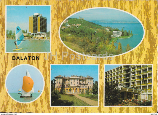 Greetings from lake Balaton - windsurfing - hotel - sailing boat - multiview - 1980 - Hungary - used - JH Postcards