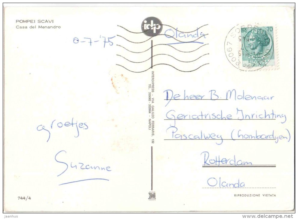 Casa del Menandro - Pompei Scavi - ruins - Pompei - Campania - 744/4 - Italia - Italy - sent from Italy to Holland 1975 - JH Postcards