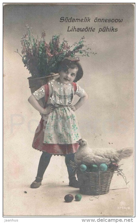 easter greeting card - girl - chicken - basket - eggs - 3749/6 - circulated in Imperial Russia Estonia 1917 - JH Postcards