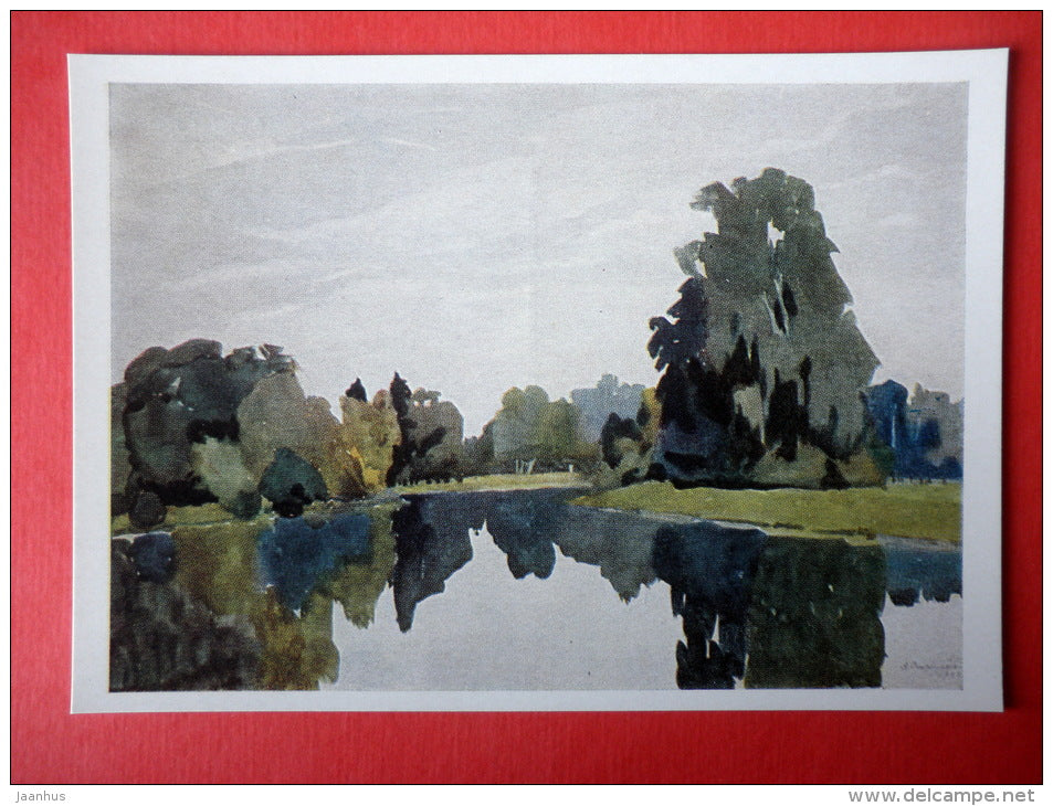 painting by Anna Ostroumova-Lebedeva - Pavlovsk , Pink Pavilion Pond , 1922 - russian art - unused - JH Postcards
