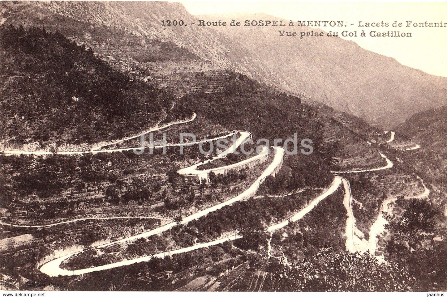 Route de Sospel a Menton - Lacets de Fontanin - Vue prise du Col a Castillon - old postcard - France - unused - JH Postcards