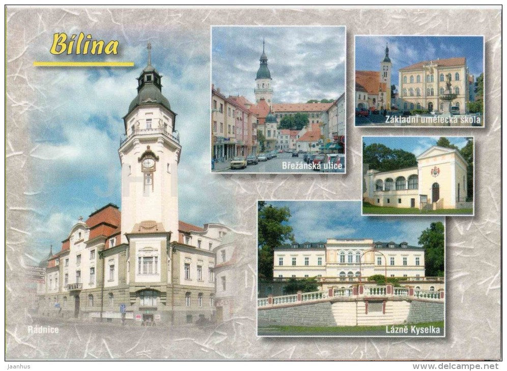 Bilina - Brezanskastreet - school - Kyselka spa - Town Hall - Czech - used 2009 - JH Postcards