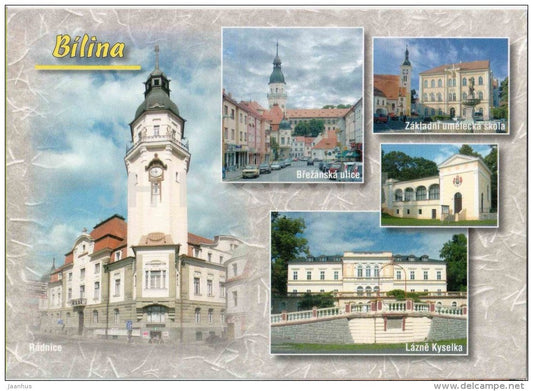 Bilina - Brezanskastreet - school - Kyselka spa - Town Hall - Czech - used 2009 - JH Postcards