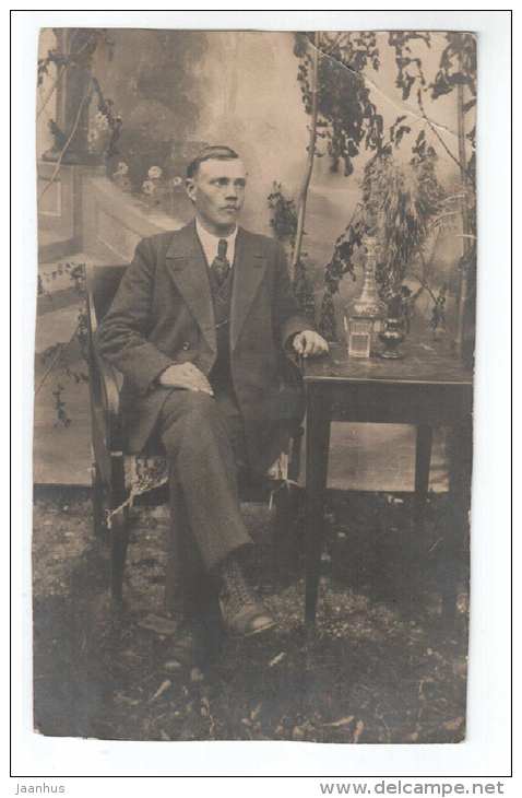 Man - table - water kettle - old postcard - Estonia - unused - JH Postcards