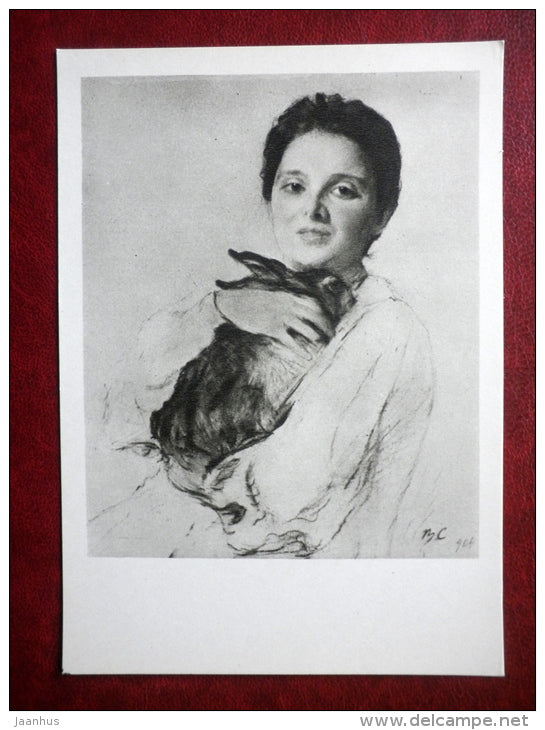 drawing by V. Serov - portrait of K. Obinskaya ,  1904 - rabbit - russian art - unused - JH Postcards