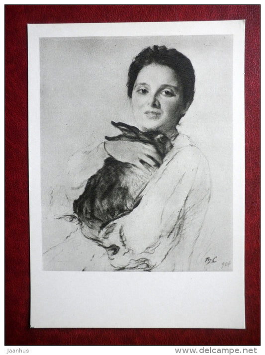 drawing by V. Serov - portrait of K. Obinskaya ,  1904 - rabbit - russian art - unused - JH Postcards