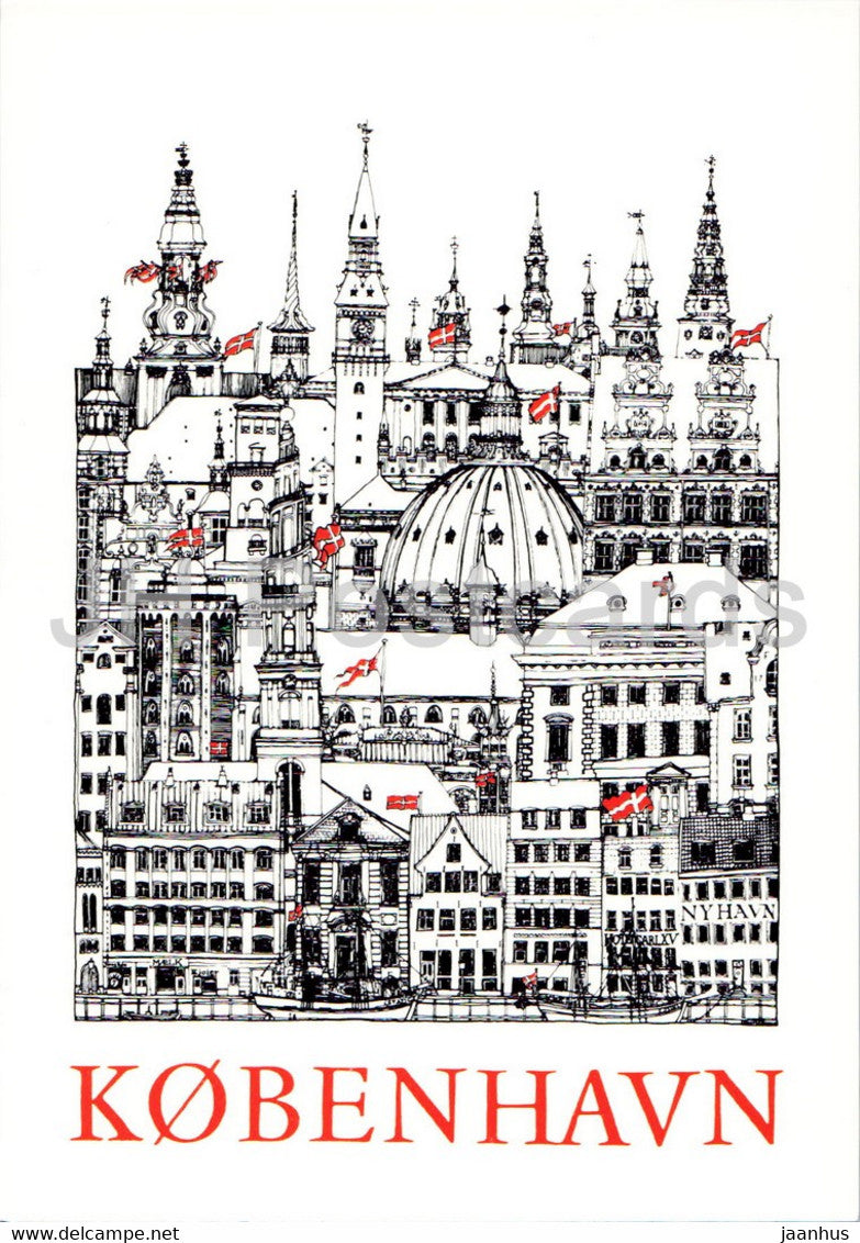 Copenhagen - Town View - illustration by Jacob Sneum - Denmark - unused - JH Postcards