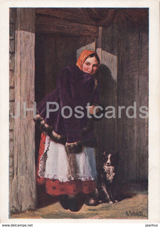 painting by N. Rachkov - At he Door - Girl and Dog - Russian art - 1928 - Russia USSR - unused - JH Postcards