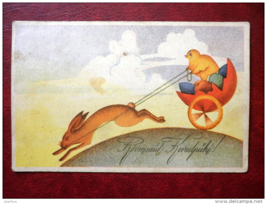 Easter Greeting Card - hare - chicken - 584 - 1920s-1930s - Estonia - used - JH Postcards
