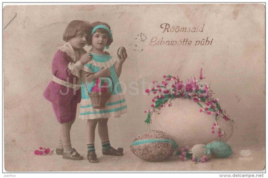 easter greeting card - children - eggs - EAS 7053/2 - circulated in Estonia 1926 Jõhvi - JH Postcards