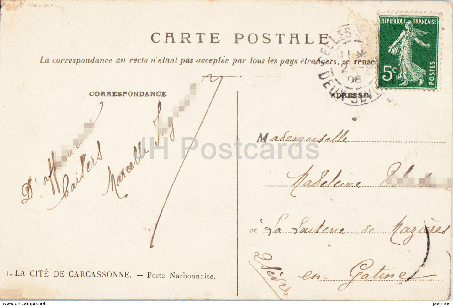 La Cité de Carcassonne - Porte Narbonnaise - 1 - carte postale ancienne - 1908 - France - occasion