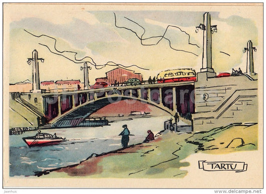 illustration by A. Kütt - Bridge over river Emajõgi - Tartu - 1960 - Estonia USSR - unused - JH Postcards